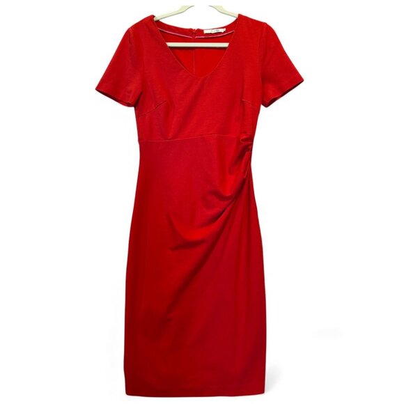 Boden Red Ruched Sheath Dress Size 8 Short Sleeve Stretch Midi Workwear Chic - Picture 2 of 10